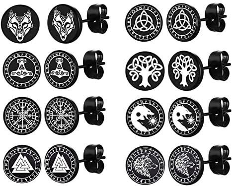 Bulckrew 8 Paare Ohrstecker Set Herren Edelstahl Viking Thor's Hammer Wolf Kopf Baum des Lebens Keltischer Knoten Dreieck Ohrringe Ohr Piercing Schwarz