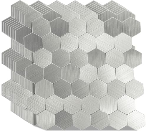 WoStick Metall Fliesenaufkleber, 4mm Dicke Klebefliesen Küche, Super Stärker Küchenrückwand Selbstklebende Fliesen mit Metall Gebürstet 10Blätter/Packung
