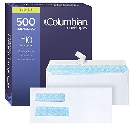 Columbian #10 Security Envelopes, 500 Pack, Double Window Self Seal Envelopes for Invoices, QuickBooks Checks and Business Mailings, 4-1/8 x 9-1/2 Inches, Durable 24 lb White Paper