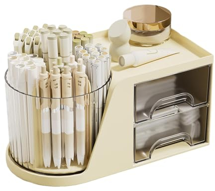 Axroad Mall 360° Rotating Pen Pencil Holder, Desktop Stationery Storage Box with 2 Drawers, Large Capacity Pen Organiser Makeup Brush Holder for Office School Home & Art Supplies (Cream)