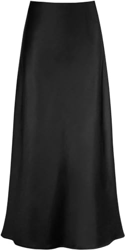 FZKun Gonna Lunga In Satin Da Donna - Gonna Estiva Elegante E Fluida In Tinta Unita Vita Alta Elastica Linea A Gonna Sirena Modesta Gonne Da Lavoro Classiche (XXL,Nero)