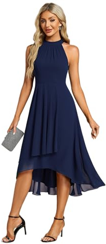 Ever-Pretty Robe Mariage Invitée Femme Épaules Dénudée Plissé High Low sans Manches Mousseline Ourlet Irrégulier Chic Bleu Marine 36
