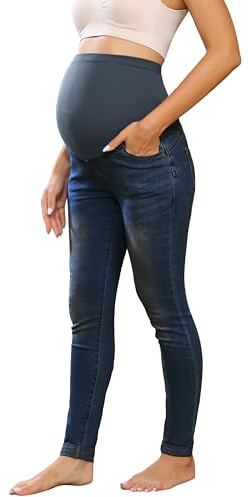 Maacie Pantalones de maternidad largos elásticos vaqueros para embarazo, cómodos vaqueros para primavera y verano, Azul vaquero oscuro con dobladillos enrollados, XXL