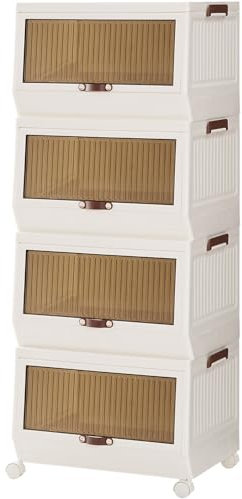 HOOBRO Aufbewahrungsbox mit Deckel, 60 Liter Faltbare Kunststoff-Aufbewahrungsbehälter mit Rädern, 4-Packungen Stapelbare Kisten Ordnungsboxen mit Türen, für Schlafzimmer, Wohnheim, Weiß EWG458CW01