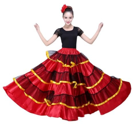 GAOSHA Falda de danza del vientre para mujer, para actuaciones folclóricas de ballet mexicano, cintura elástica, poliéster, longitud hasta el suelo, 180 grados, sólida, tamaño alfa, tipo de cuerpo
