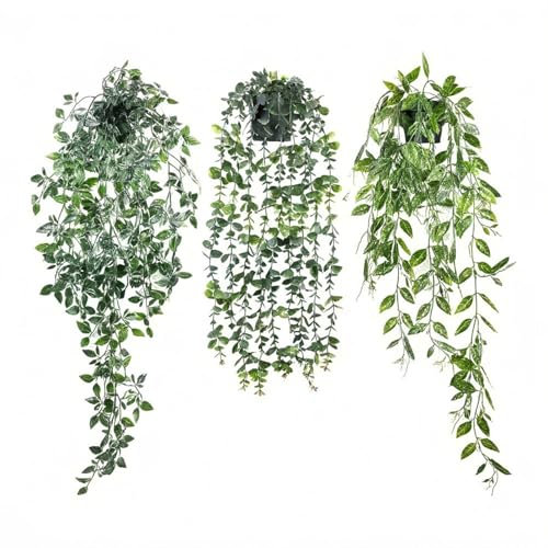 Airbirhom 3 Pack Faux Green Trailing Plants Indoor,Artificial Hanging Plants with Pot, Artificial Vine Potted Plants Indoor for Home,Office,Living Room,Wall,Desk,Shelf Decor