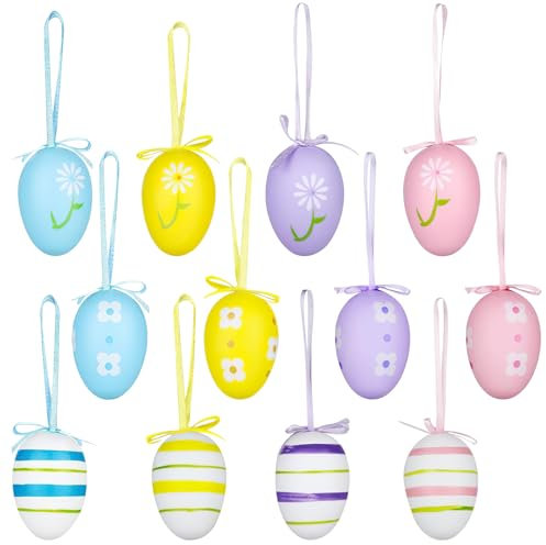 12 Pieces Easter Hanging Eggs, Easter Egg Decorations, Colorful Ornament Hanging Egg Decoration for Tree Basket DIY Crafts Home Party Decors