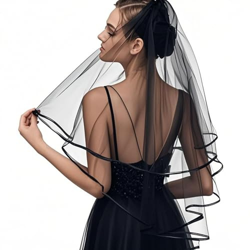 Velo Corto de Novia Negro de 2 Niveles, Velo Corto de Novia Tul de Boda con Peine para Despedida de Soltera Accesorios de Boda para Fiesta, Borde de Cinta, Largo al Codo, 60-80 Cm/23-3 Pulgadas