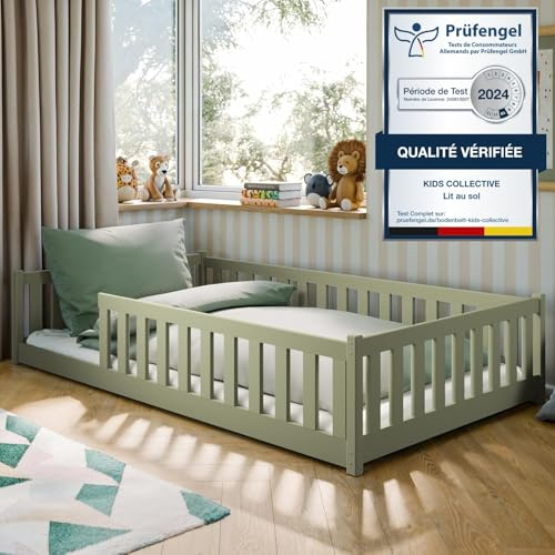 Kids Collective Kinderbett Bodenbett 120x200 cm mit Rausfallschutz & Lattenrost Montessori Bett Bed Gitterbett Kinder Jugendbett Einzelbett | Olivgrün weitere Größen 80x160 | 90x200 | 140x200 cm