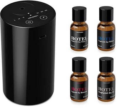 Airversa Waterless Essential Oil Diffuser Starter Kit with 4 x 10mL Hotel Scent Fragrance Oil, Battery Operated Mini Scent Air Machine Portable Diffuser for Home Car Office, AN8 Kit Black