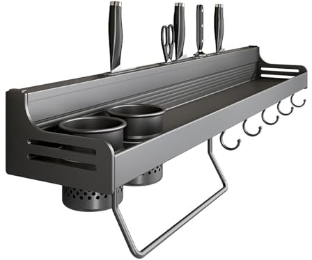 RETSAMV Mensola da Cucina Portaspezie Porta Spezie per Cucina 40 cm 50 cm Mensola Porta Spezie da Parete con Portabicchieri Mensola con Ganci per Cucina e Bagno (40cm)