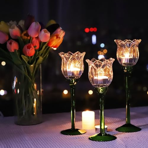 Vohocandle Tulips Tealight Holders Glass for Wedding Decor, 3pcs Varying Heights Clear Tea Light Candle Holders for Parties, House Tea Light Holders Glass for Mother's Day, Table Celebrations(Set of3)