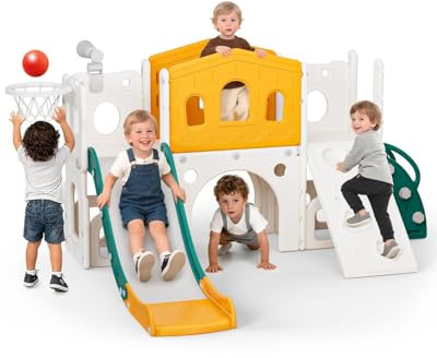 hoopyosms Grand Toboggan pour Enfants avec Échelle, Plateforme, Tunnel et Rampe d’Escalade, Panier de Basket & Télescope Jouet, Aire de Jeu Intérieure Extérieure pour Tout-Petits et Préscolaires(Vert)
