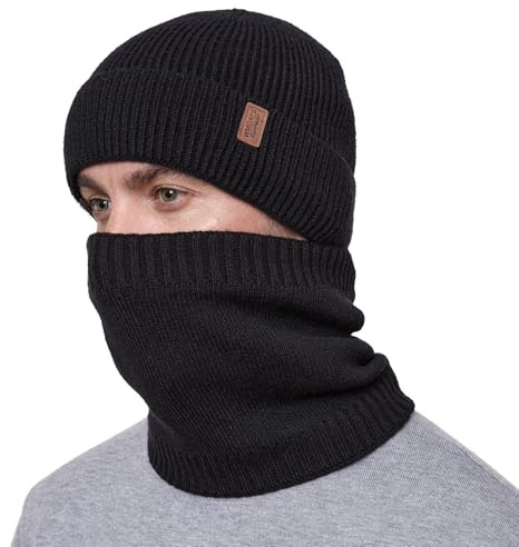 Wmcaps Winter Hat and Scarf Set for Men Women, Fleece Lined Knitted Beanie and Neck Warmer Soft Thermal Warm Accessories for Cold Weather, Unisex Christmas Birthdays Gift (Black)