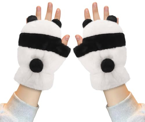 TINAYAUE Damen Winter Plüschhandschuhe Halbfingerhandschuhe Mädchen Süße Panda Handschuhe Kälteschutz Fingerlose Handschuhe für Fitness, Sport, Schreiben