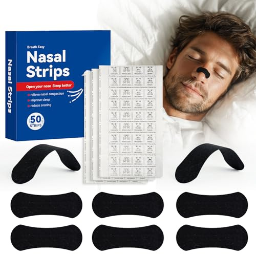 RAYGARD 50 Piezas Tiras Nasales Antirronquidos, Nasal Strips Respira Bien Negro Máxima Adherencia Dilatador Nasal para Mejorar la Respiración y Dormir, Adhesivo que Dura Hasta 8 Horas