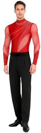 JEATHA Adult Boys Sparkly Rhinestone Jazz Latin Salsa Leotard Ballet Unitard Ballroom Dance Trouser Pants Suit Red 3X-Large
