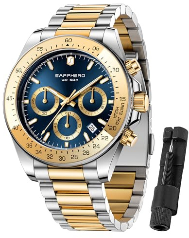 SAPPHERO Uhren Herren Edelstahl Analog Quarz Uhr 50M Wasserdicht Armbanduhr Herren Mode Lässig Business Herrenuhren mit Kalender Chronograph Geschenk für Männer