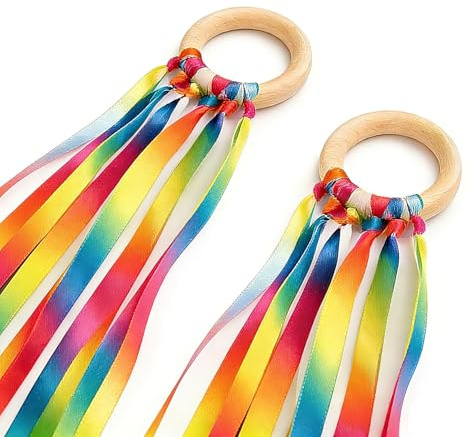 BAGUBDR 2pcs Dance Ribbons, Gymnastics Ribbon, Suitable for Art Activities, Rainbow Dancing Streamer with Wood Ring