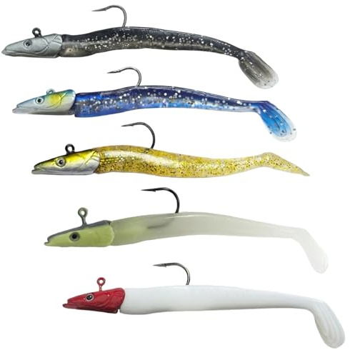 Sea Fishing Lures, 5 Piece Soft Plastic Lure Set with Realistic Swimming Action, Coastal and Rocky Shore Fishing Gear, Blue Grey White Blue Gold Colour Selection
