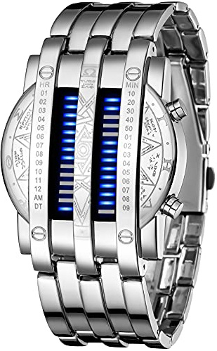 MASTOP Binary Matrix Blue LED Digital Watch Mens Classic Creative Fashion Black Plated Wrist Watches (Silver Blue)