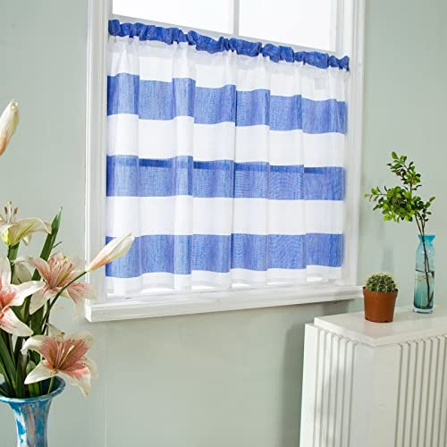A.Monamour Cortina Cocina Ventana Puerta Corta Pequeña Gasa Voile Transparente Translúcida Visillo De Rayas Azules Y Blancas Bolsillo para Varilla Panel Cenefa Rustica Bistro para Dormitorio Café Baño