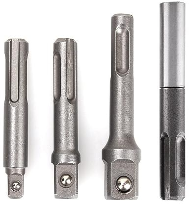 Shallho Juego de 4 adaptadores de vaso para taladro SDS Plus, adaptador de llave de vaso hexagonal de 1/4 pulgadas, 1/4 pulgadas, 3/8 pulgadas, 1/2 pulgadas, adaptador de broca