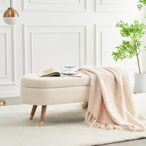IAFIKE Oval Storage Bench 43.5 Ottoman Bench Upholstered Boucle Fabric Footrest Bench with Golden Metal Legs End of Bed for Bedroom, Living Room, Entryway,Bed Side (Beige)