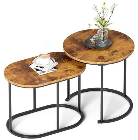 sogesfurniture Couchtisch 2er-Set, Wohnzimmertisch Beistelltisch Sofatisch Kaffeetisch Satztisch mit Marmormuster, Golden Metallrahmen für Wohnzimmer, Balkon, Vintagebraun