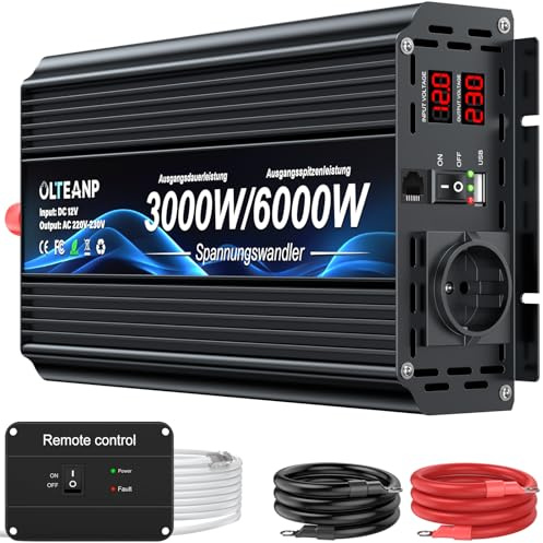 OLTEANP Inversor 12v 230v 3000W - Inversor De Onda Sinusoidal Modificada De 12v a 230v con Pantalla LCD y Mando a Distancia y Puertos USB Enchufe UE para Caravana, Camping
