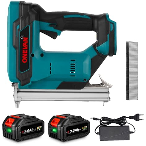 ONEVAN Pistola de clavos, grapadora eléctrica con batería, para clavos de 4 mm, incluye 100 clavos, para tapicería, textiles y carpintería (con 2 baterías)