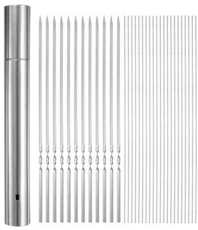 QUARKZMAN 100 unidades de Brochetas de Metal para Barbacoa 30cm x 3.5mm Palitos Planos Redondos de Acero Inoxidable Reutilizables para Barbacoa al Aire Libre con Tubo de Almacenamiento