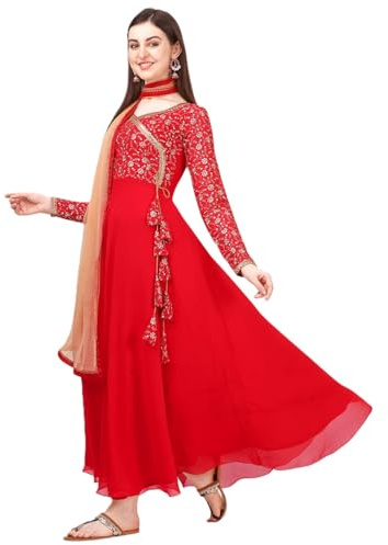 Estationeryhouse Kurta Kurti Georgette Anarkali pour femme avec broderie lourde avec dupatta contrastée (bas non inclus), Rouge, L
