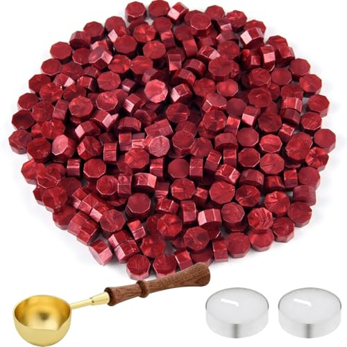 NEBURORA 200 Pcs Sealing Wax Beads, Various Colour Options for Wax Seal Stamp, with Wax Spoon and 2 Tea Candles,Octagon Wax Seal Kit for Invitations Cards Envelopes Wine Packages Gift Wrapping