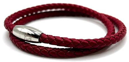 KAROO EARTH JEWELLERY Mens Leather Wrap Bracelet With Strong Stainless Steel Magnetic Clasp - Genuine Leather | 5mm Braided Double Wrap Men's Premium Bracelet (Red Leather, 21cm (Medium Wrist)