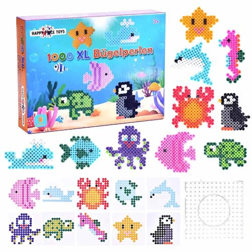 1000 Maxi XL 10mm Bügelperlen mit Steckplatte und 10 Seetieren Muster und Bügelpapier. Kreatives Perlenset zum Basteln für Kinder ab 3 Jahren (Set Wasserwelt)