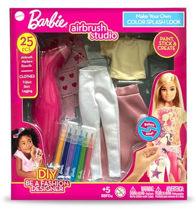 Barbie DIY Airbrush Studio – Design Barbie Clothes & Accessories for Dolls | 25-Piece Color Splash Fashion Kit with Airbrush, Markers, Stencils, and Outfits | Creative Toy for Girls Ages 5+
