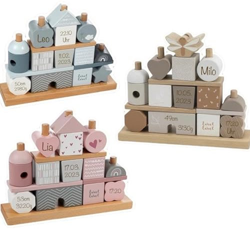 Maison de jeu à emboîter - Cadeau de naissance pour fille - Jouet en bois - Étiquettes personnalisées - Tour empilable avec nom et données de naissance - Amour unique - Bleu