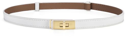 HATOFES Kvinnor damer justerbar smal läderbälte solid legering vändlås smal tunn midjebälte midjeband dekorativt bälte för klänningar jeansbyxor, Vit/guld, one size