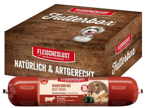Fleischeslust Salsiccia per cani, menu di manzo con pastinaca, nocciola e alga marina, scatola per cibo (6 x 800 g), cibo umido, resistente al taglio, senza cereali, alimento completo per cani