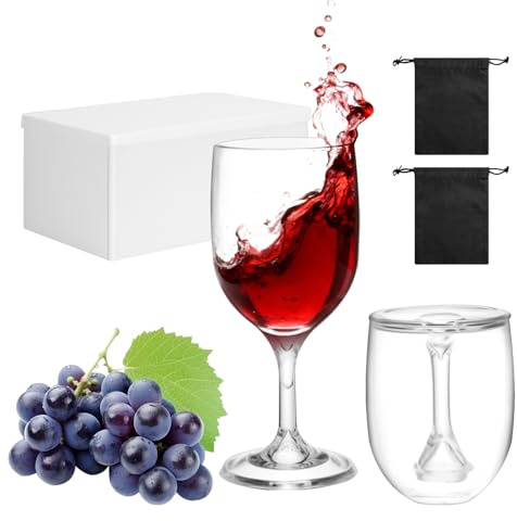 VINATO 2 Piezas Copas de Vino Plástico Llevar, 200ml Plegables Copas Vino Plastico para Camping, con Caja de Almacenamiento y 2 BolsasImpermeables, Reutilizables, Transparentes, para Viajes Camping