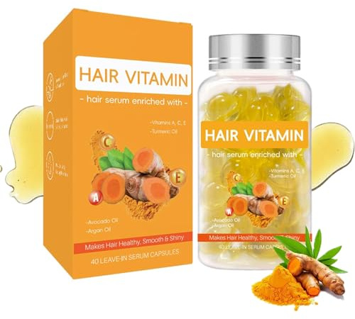Turmeric Vitamin Hair Serum, 40 Capsules Hair Treatment Oil for Feizzy & Damaged, Nourishing Blend with Avocado Oil & Argan Oils for Stronger, Growing Hairs, Intense Hydration, Adds Shine and Smooth