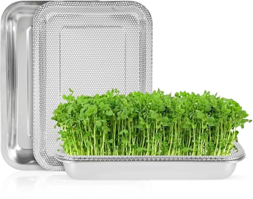 GDWD Juego de 2 bandejas de germinación de acero inoxidable con colador, berros y microgreens, bandeja de germinación, bandeja de germinación de semillas de alfalfa y hierba de trigo