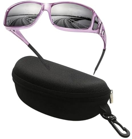 Boolavard Polarized Sports Sunglasses with Case for Men and Women: UV400 Protection Glasses Wrap Around Goggle (Transparent Purple Frame Grey Lens)
