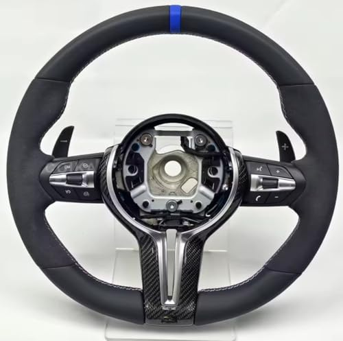 Volante Sportivo per BMW Serie M con Rivestimento in Pelle Alcantara, Finiture in Carbonio, Cuciture M Tricolore e Mirino Blu