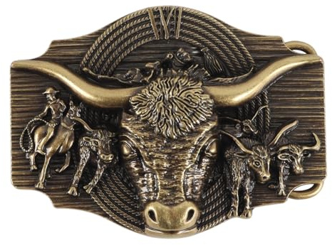 Ticha Bältesspänne med djurhuvud och långhorn, Bull Rider Cowboy, 96x73mm, Lämplig för bältesbyten upp till 3,8-4 cm