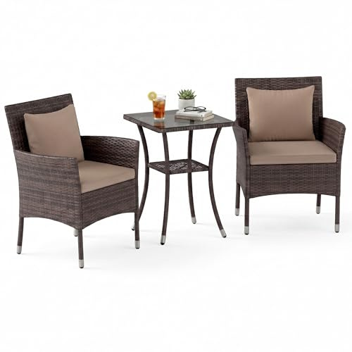 GIANTEX Juego de Muebles de Jardín 3 Piezas, 2 Sillones con Cojines y 1 Mesa con Tablero de Cristal, Conjunto de Muebles de Ratán para 2 Personas, Juego de Bistró para Balcón, Patio (Marrón+Marrón)