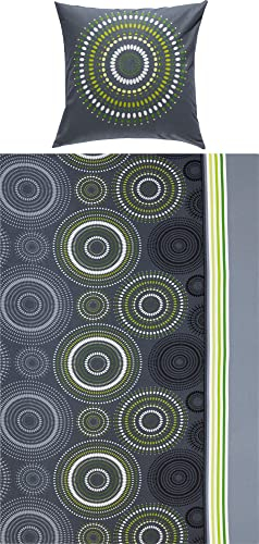 Erwin Müller Bettwäsche, Bettgarnitur Fein-Biber Kreise grau-grün Größe 80x80 cm / 135x200 cm - hautsymphatisch, bügelleicht, mit Marken-Reißverschluss (weitere Größen)