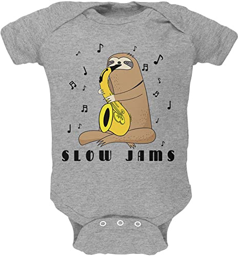 Sloth Slow Jams Funny Pun Saxophone Soft Baby One Piece Heather 3-6 M Grey