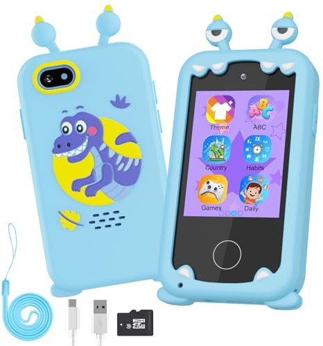 Kids Phone for Boys, Toddler Touchscreen Learning Phone Toy for Kids Age 3-12 with Dual Camera, Game, Music, 8G SD Card, Christmas Birthday Dinosaur Gifts for 3 4 5 6 7 8 9 10 Year Old Kids(Blue)